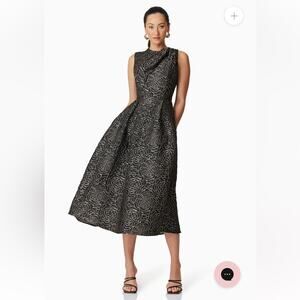 elliatt deanna black & gold floral rose jacquard fit & flare midi dress small